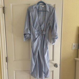 Veronica Beard Blue and Rust Striped Button-Front Shirt Dress